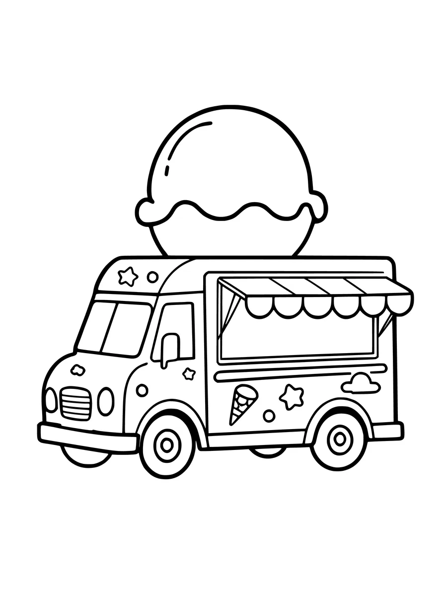 A colouring page of an ice cream truck with a giant scoop of ice cream on its roof.