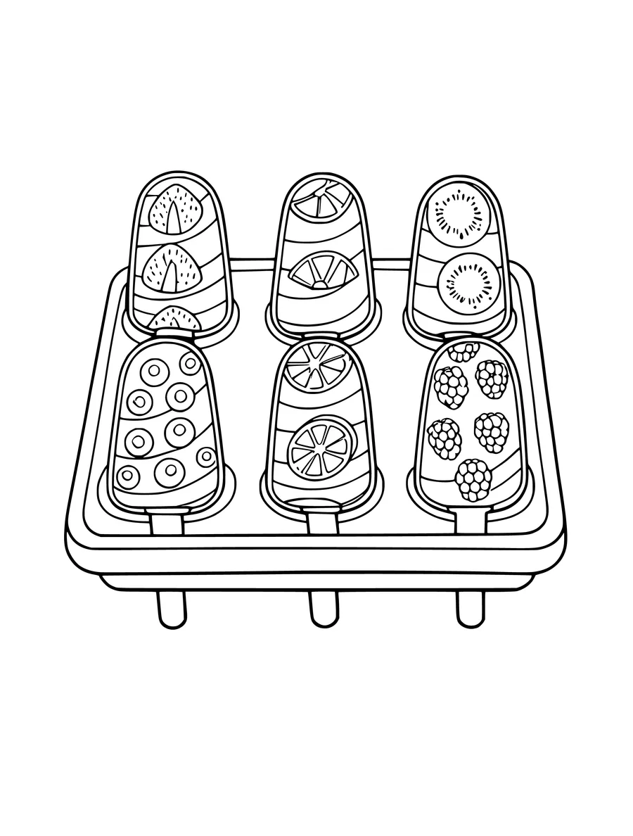 Six ice pops with various fruit patterns are arranged in a tray in this coloring page.