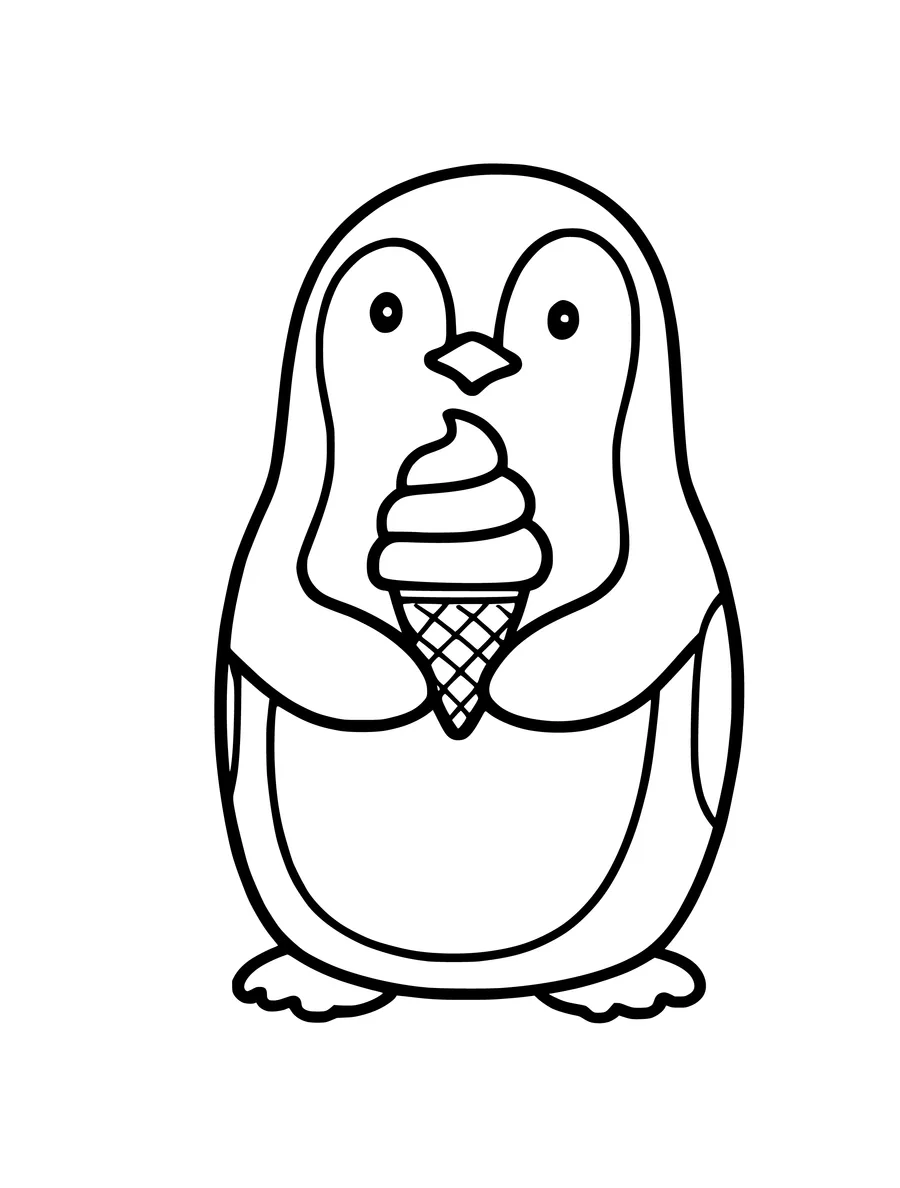 A cute penguin holding a soft-serve ice cream cone in this simple colouring page.