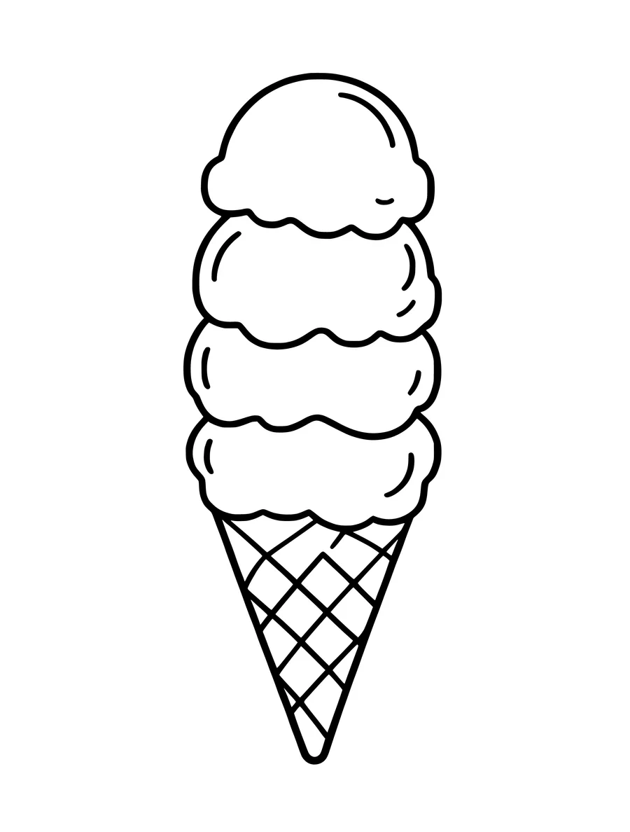 A coloring page showing a tall ice cream cone stacked with four round scoops of ice cream.