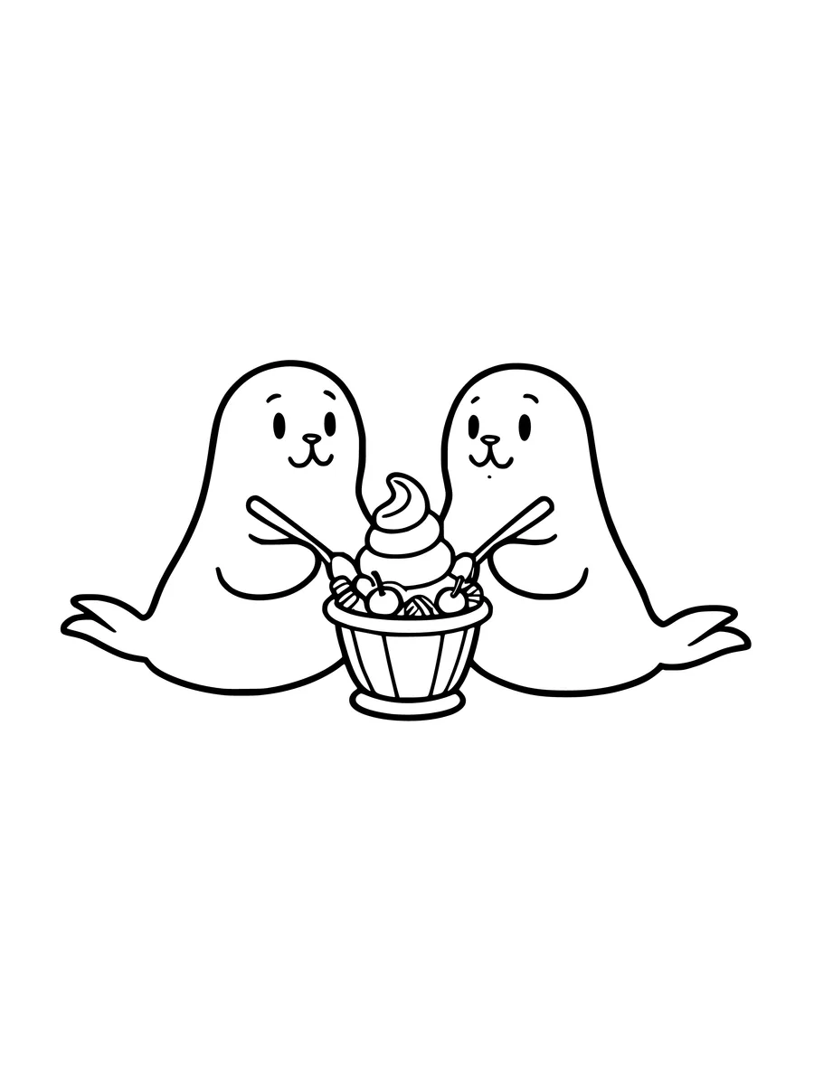 Two friendly seals share a bowl of ice cream with long spoons in this line art, coloring page