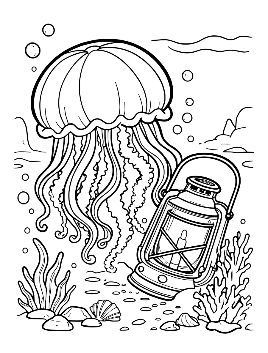 A colouring page of a jellyfish floating underwater near a sunken lantern, coral, and scattered bubbles.