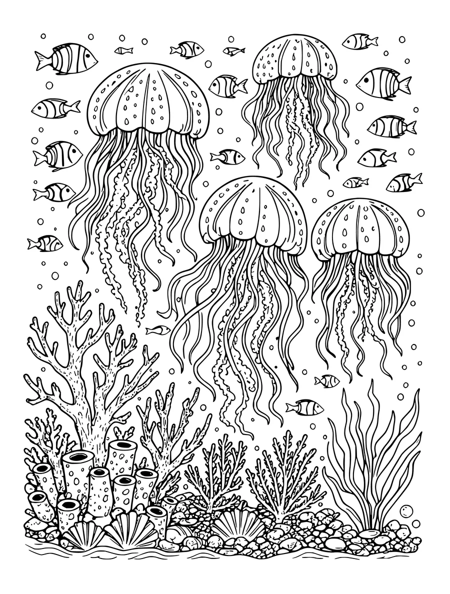 Black and white line art colouring page of jellyfish garden among coral, sea fans and tiny fish, intricate detail