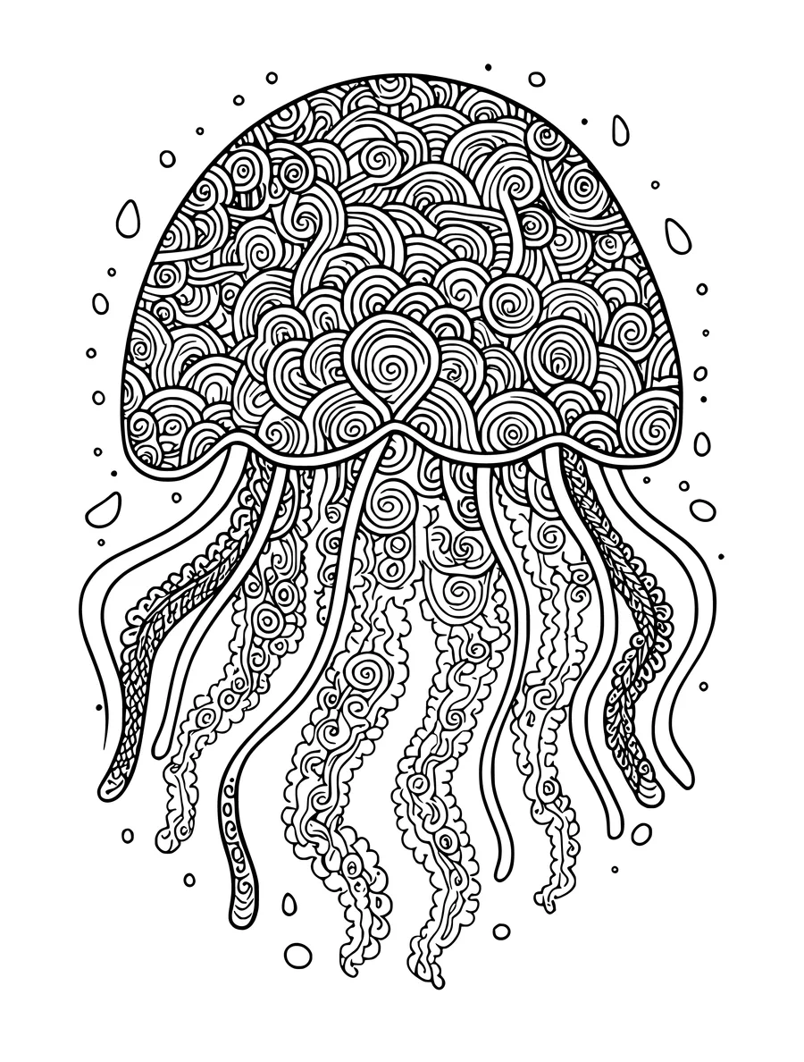 A colouring page of a jellyfish whose bell is filled with intricate, swirling tangle patterns and designs.