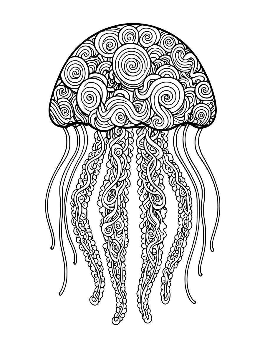 Black and white line art coloring page of jellyfish with a bell made of tangle patterns, intricate detail