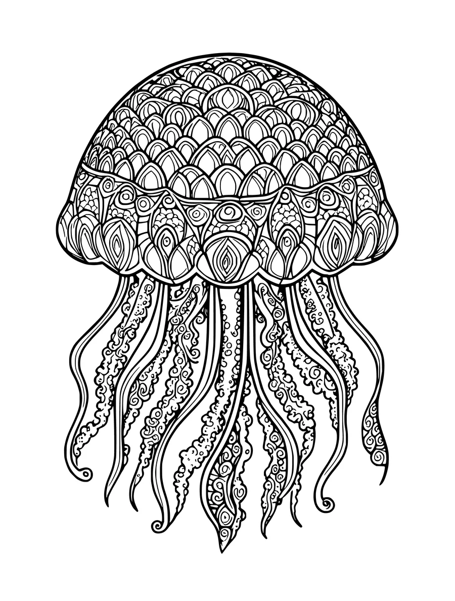 A coloring page of a jellyfish featuring an intricate, mandala-inspired pattern on its bell.