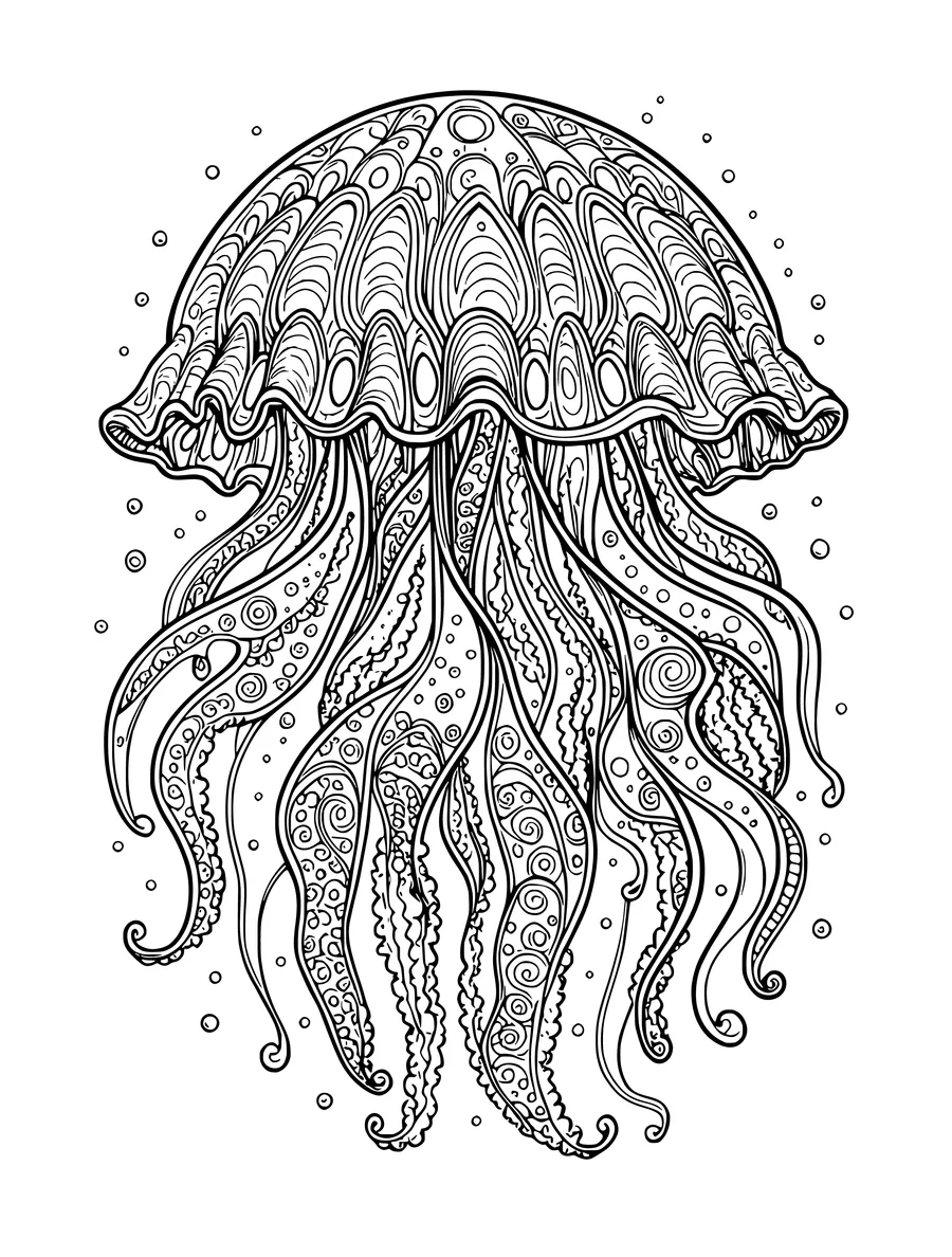 A colouring page featuring a jellyfish with a decorative, frilled bell and many patterned, flowing tentacles.