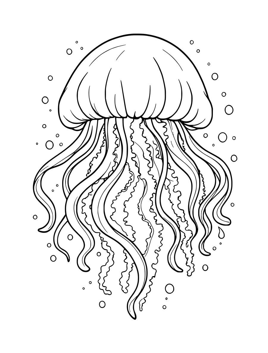 A jellyfish coloring page with long, ribbon-like tentacles and scattered bubbles in the background.