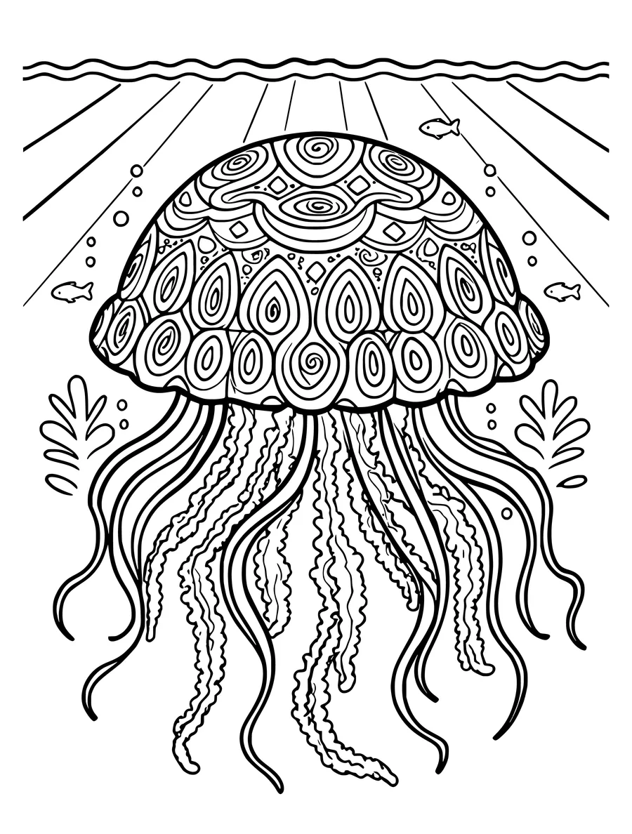 Black and white line art coloring page of jellyfish with sunbeams from the surface above it, detailed detail