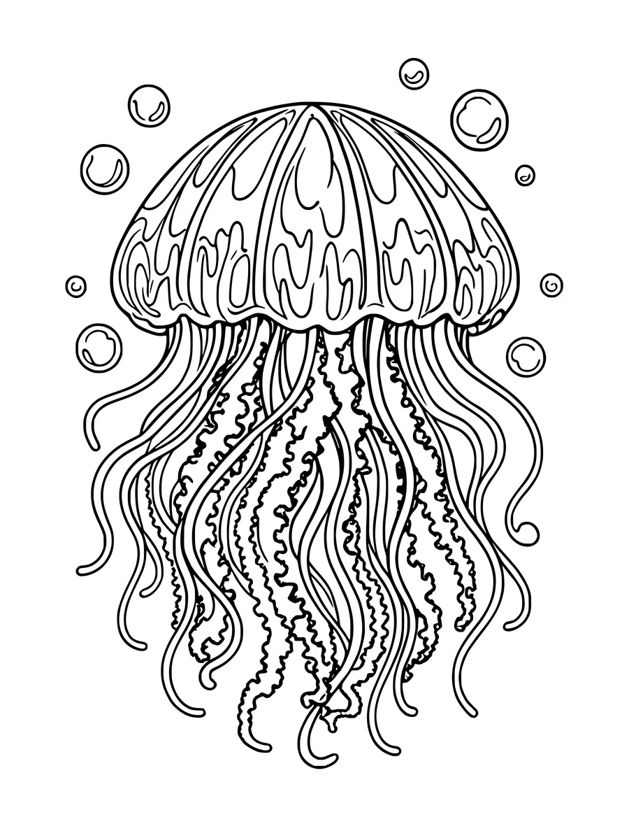 A detailed jellyfish colouring page surrounded by trailing tentacles and floating bubbles.