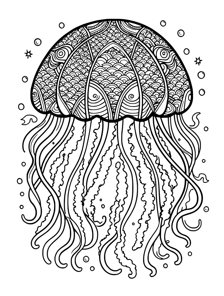 A large jellyfish colouring page with a patterned bell and long, flowing, intricate tentacles.