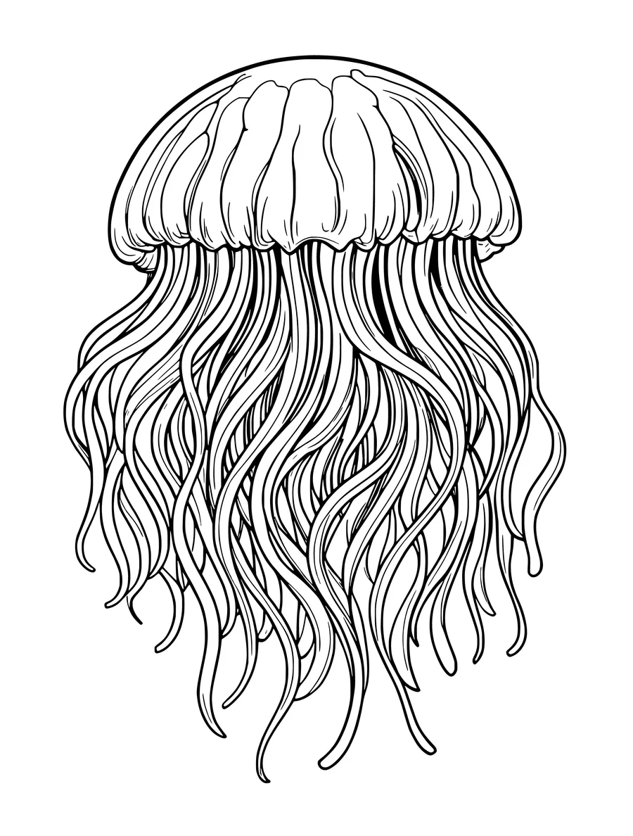 A colouring page showing a jellyfish with a rounded bell and long, elegant strands drifting downward.