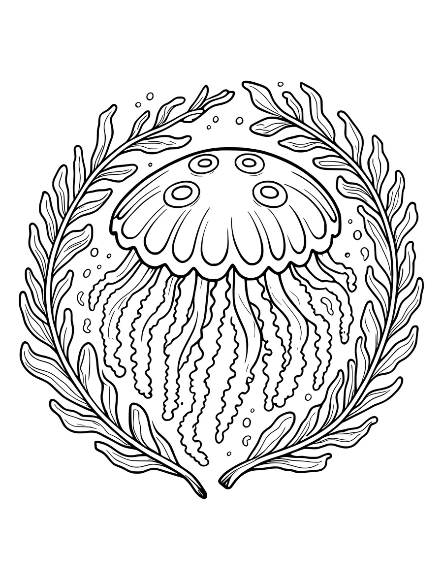 Black and white line art coloring page of moon jelly with four ring marks in a ring of kelp, detailed detail