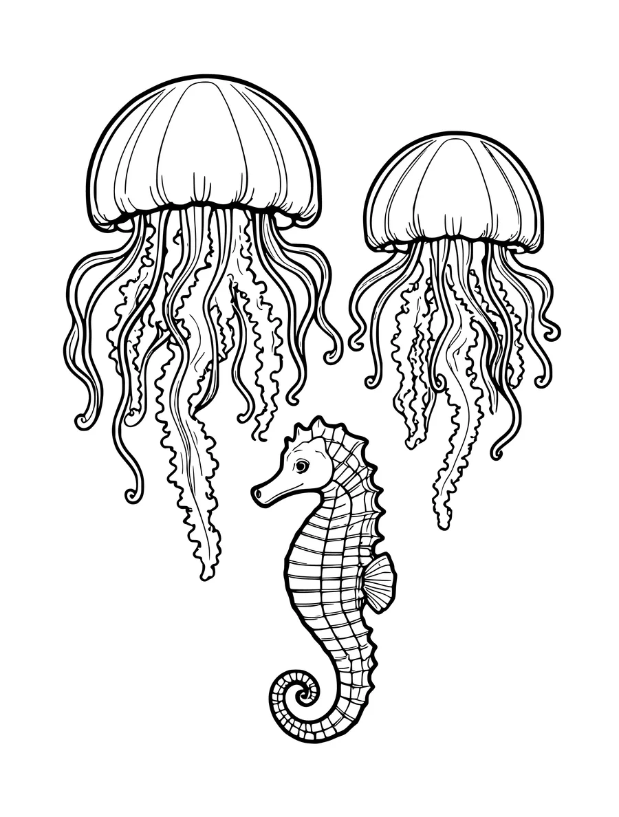 A detailed colouring page depicting a pair of jellyfish swimming alongside a seahorse.