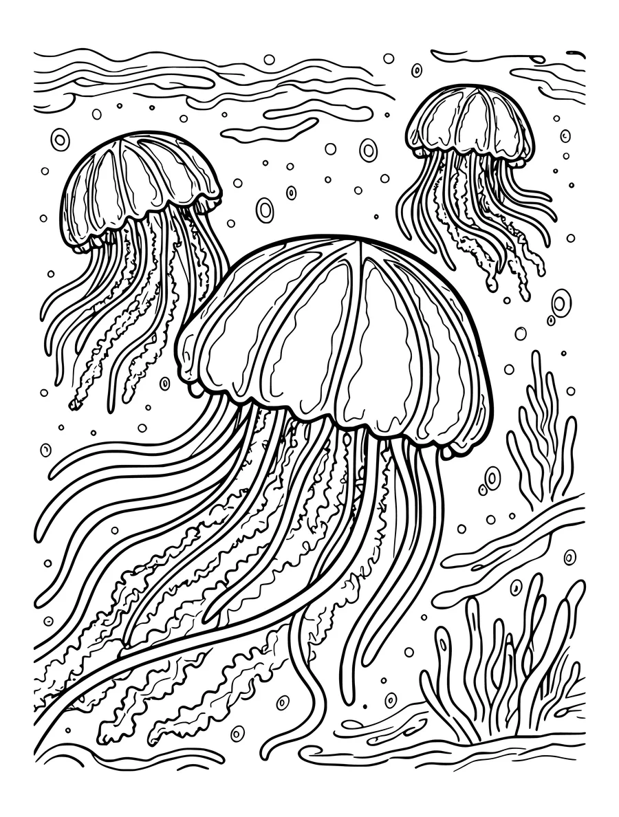 Black and white line art coloring page of three jellyfish of different sizes drifting through dark water, detailed detail