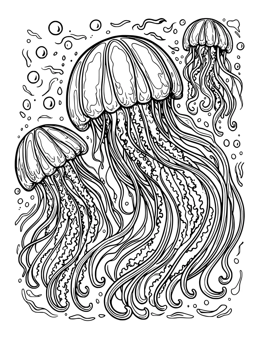 Black and white line art coloring page of three jellyfish of different sizes drifting through dark water, detailed detail