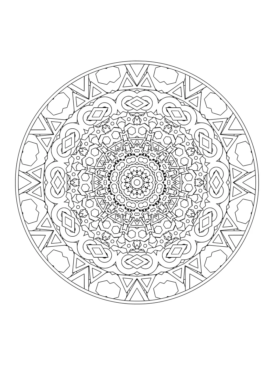 Crystal kaleidoscope with mirrored circle and star shapes, an intricate fine-line colouring page for adults to print or colour online