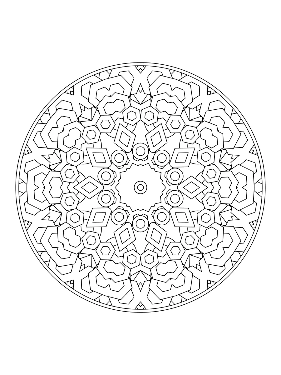 Crystal kaleidoscope with mirrored diamond and circle shapes, a medium-detail colouring page to print or colour online