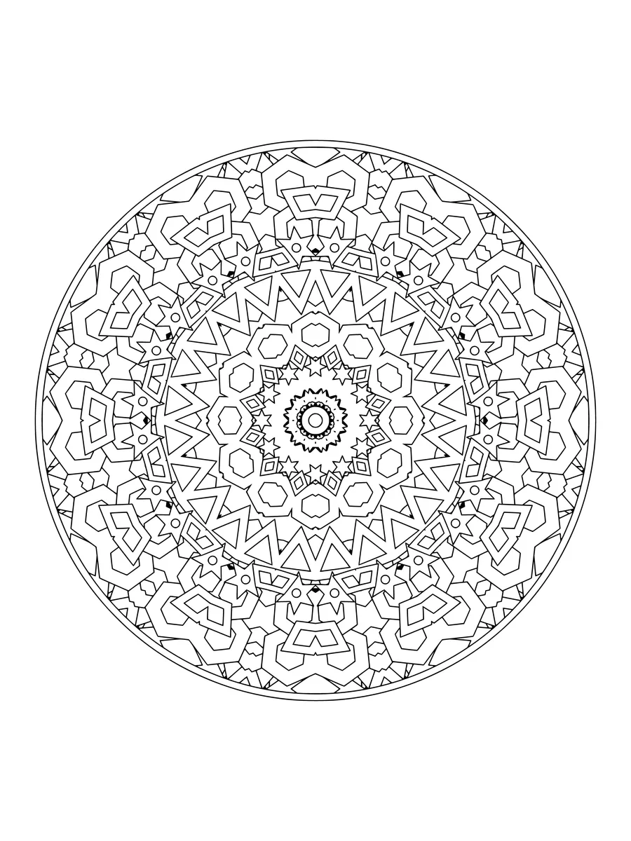 Crystal kaleidoscope with mirrored diamond and star shapes, a detailed colouring page for adults to print or colour online