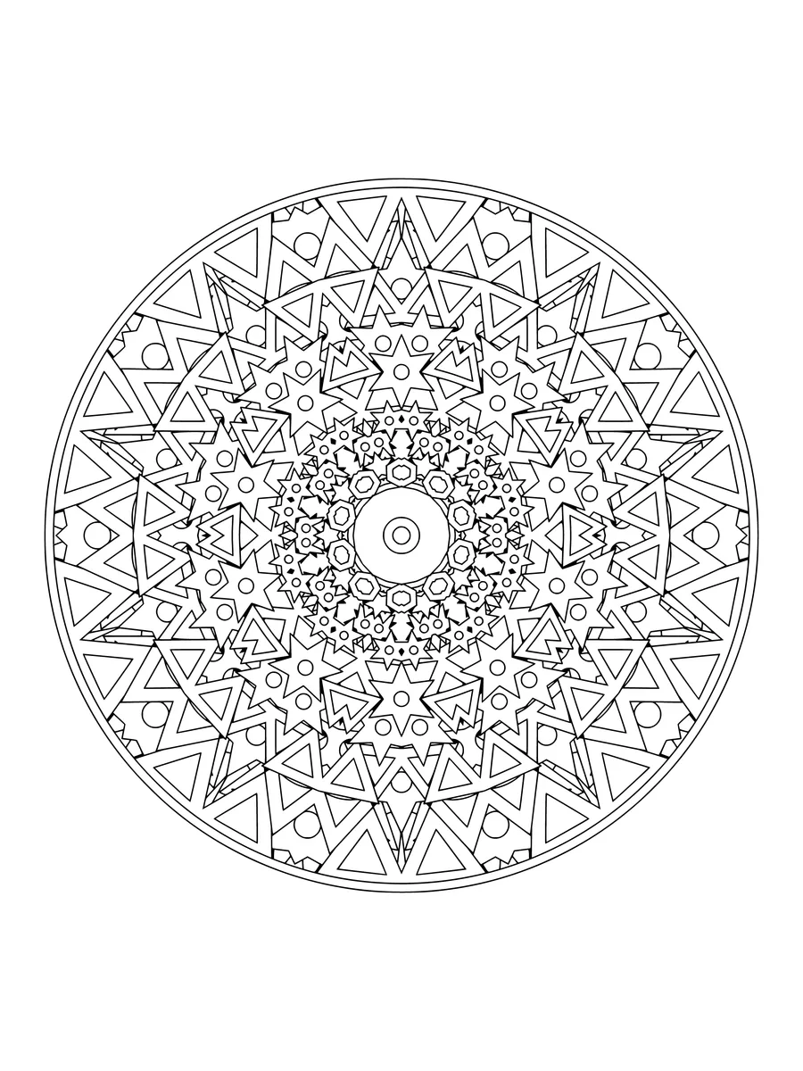Crystal kaleidoscope with mirrored star and circle shapes, a detailed colouring page for adults to print or colour online