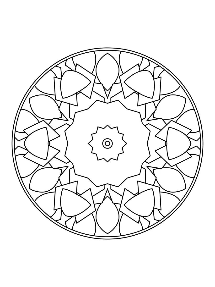 Kaleidoscope with mirrored hexagon and petal shapes, an easy bold-line coloring page to print or color online