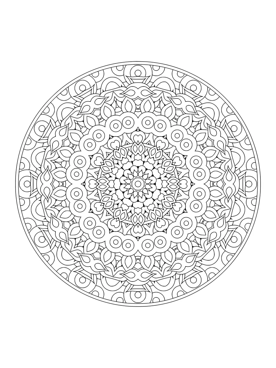 Kaleidoscope with mirrored hexagon and teardrop shapes, an intricate fine-line colouring page for adults to print or colour online