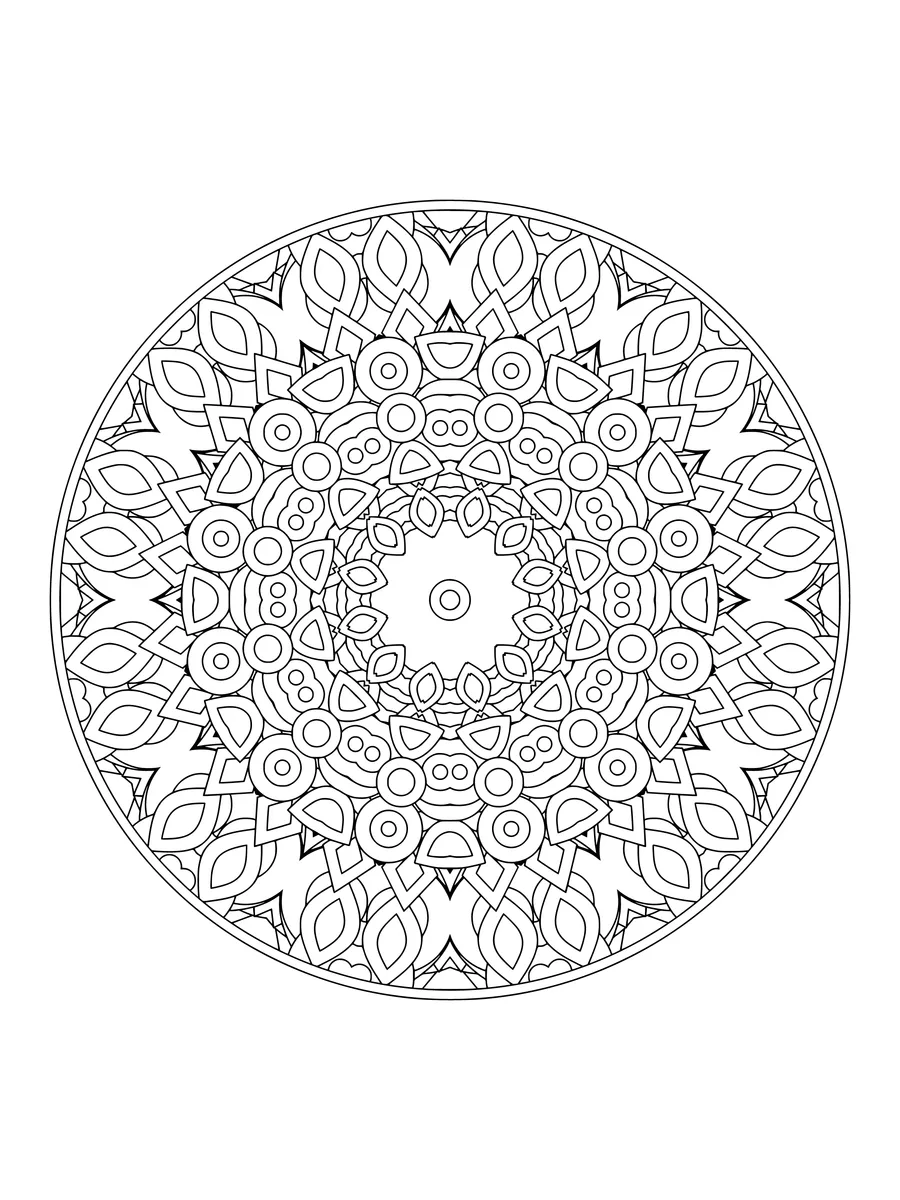 Kaleidoscope with mirrored leaf and diamond shapes, a detailed coloring page for adults to print or color online