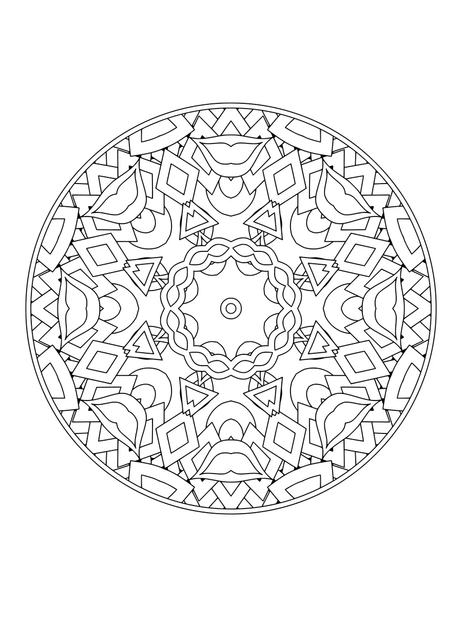 Kaleidoscope with mirrored leaf and teardrop shapes, a medium-detail coloring page to print or color online