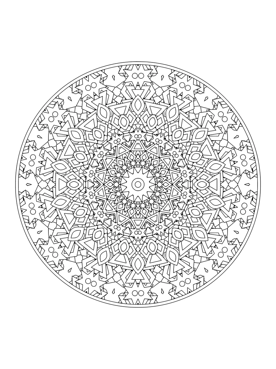 Kaleidoscope with mirrored star and triangle shapes, an intricate fine-line colouring page for adults to print or colour online