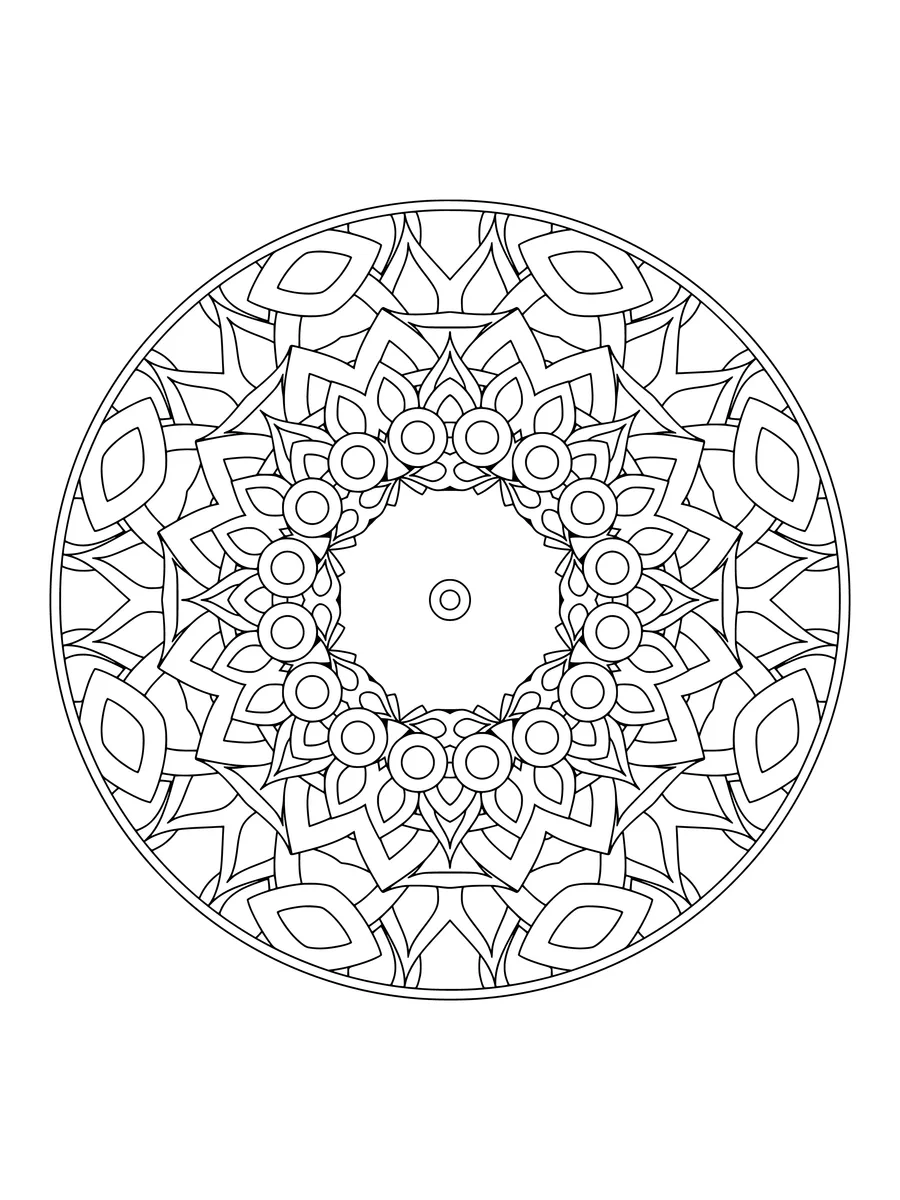 Petal kaleidoscope with mirrored circle and petal shapes, a medium-detail colouring page to print or colour online