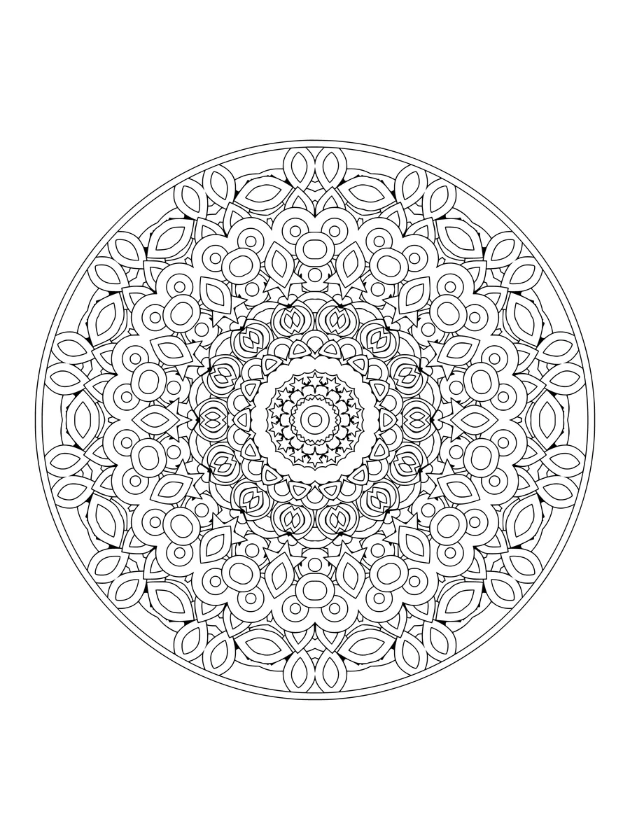 Petal kaleidoscope with mirrored circle and star shapes, an intricate fine-line colouring page for adults to print or colour online