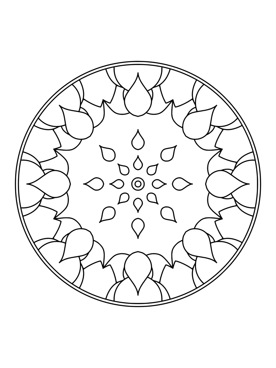 Petal kaleidoscope with mirrored teardrop and circle shapes, an easy bold-line colouring page to print or colour online