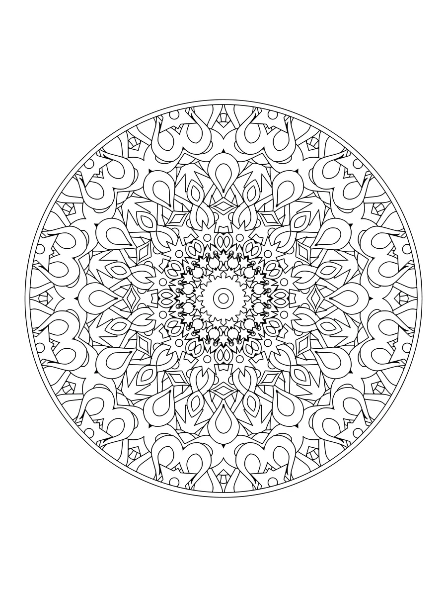 Petal kaleidoscope with mirrored teardrop and leaf shapes, a detailed coloring page for adults to print or color online