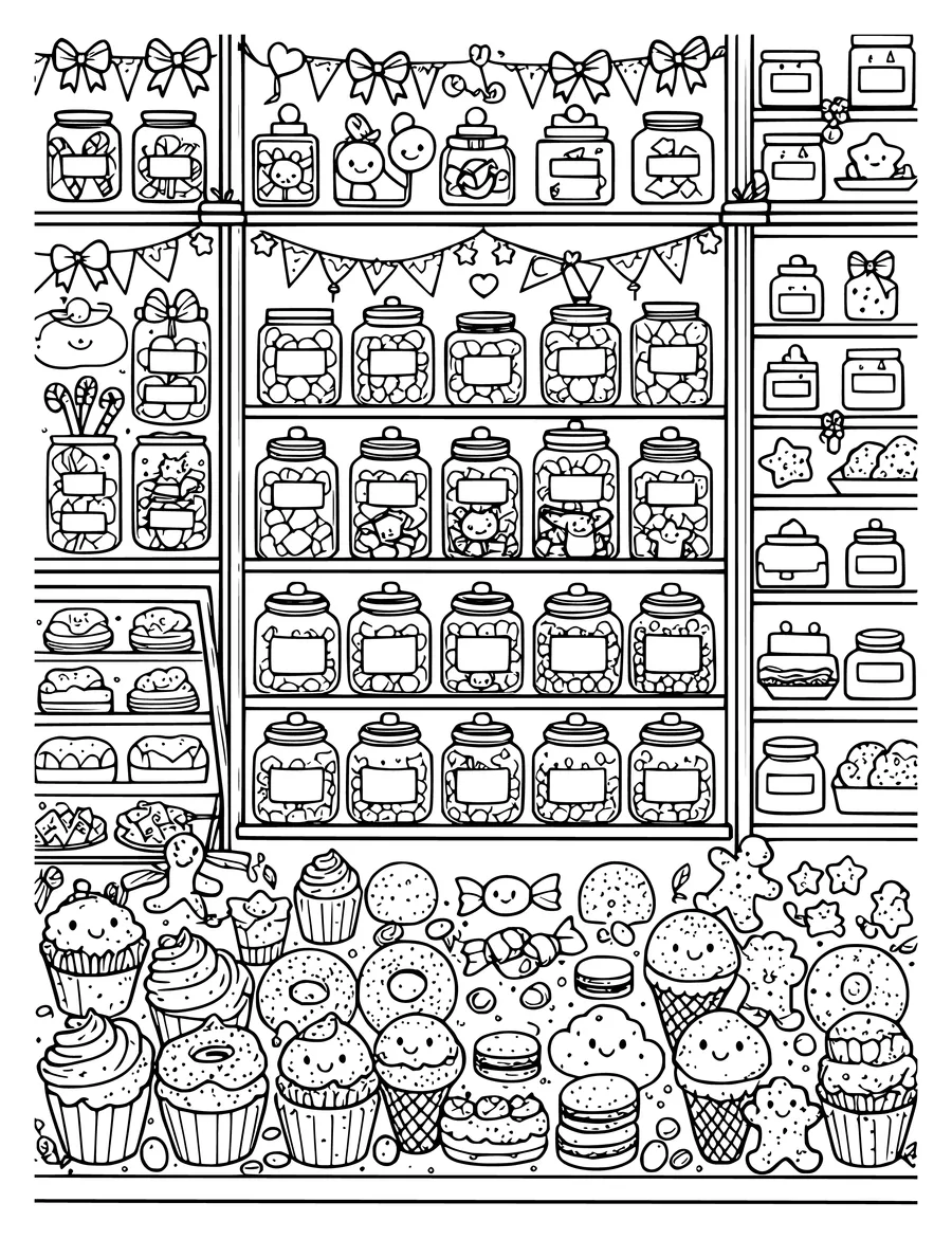 A colouring page of a sweet shop with shelves of smiling jars, garlands, and various pastries.