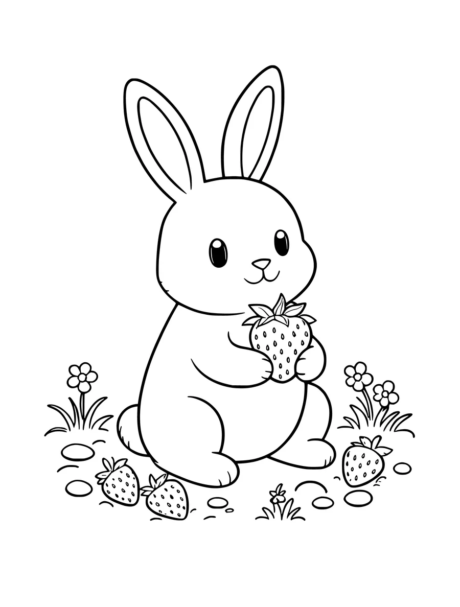 A chubby bunny sits in a grassy patch while holding a strawberry, surrounded by several more berries, colouring page