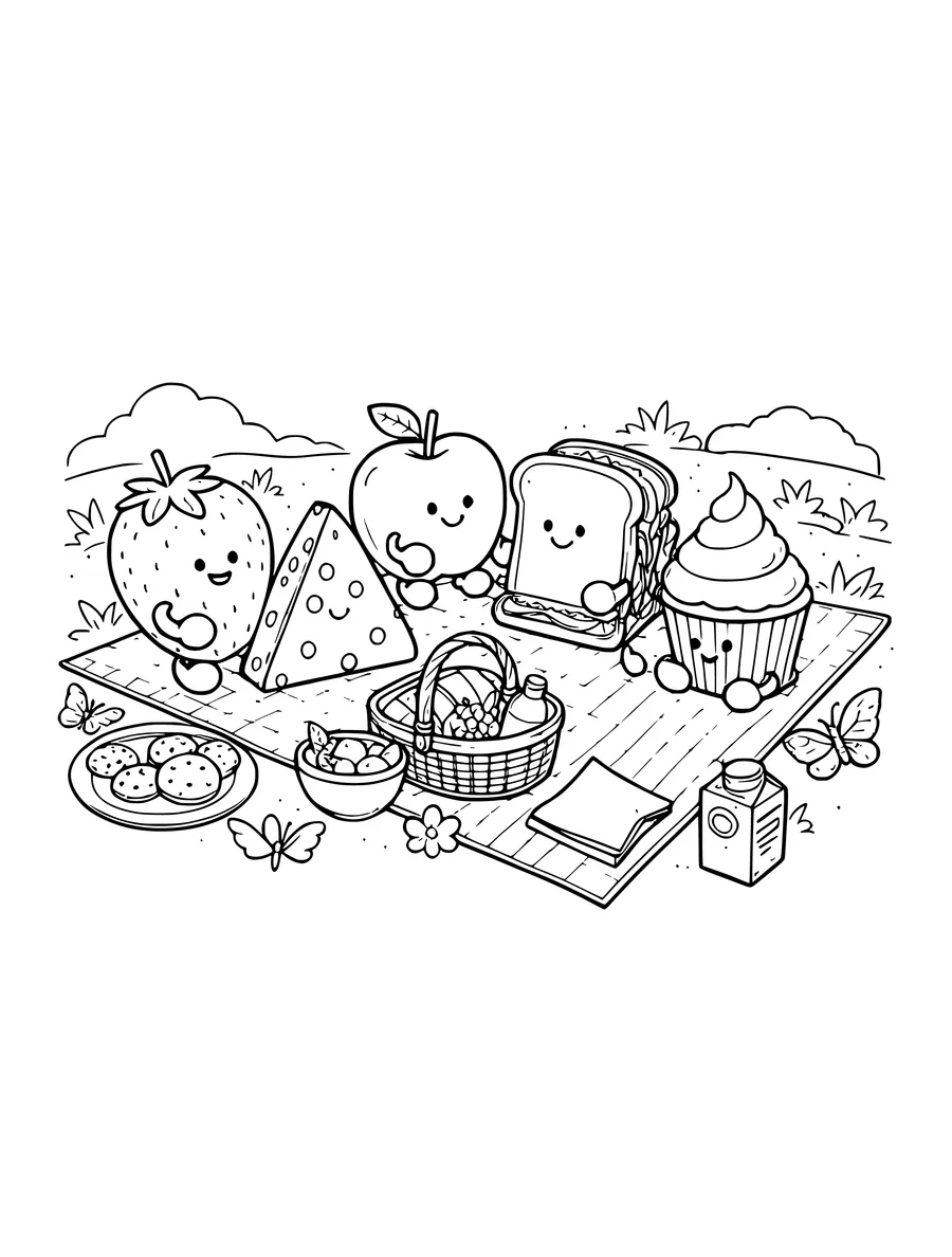 A picnic scene featuring anthropomorphic food friends sitting on a blanket with a basket and butterflies.
