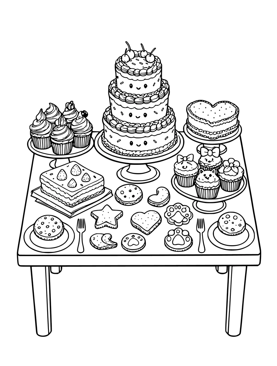 A dessert table filled with a tiered cake, cupcakes, cookies, and other sweet treats for colouring, colouring page