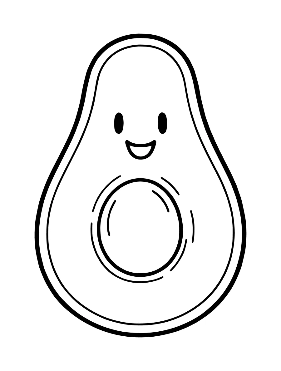 Black and white line art coloring page of happy avocado half with a seed, simple detail