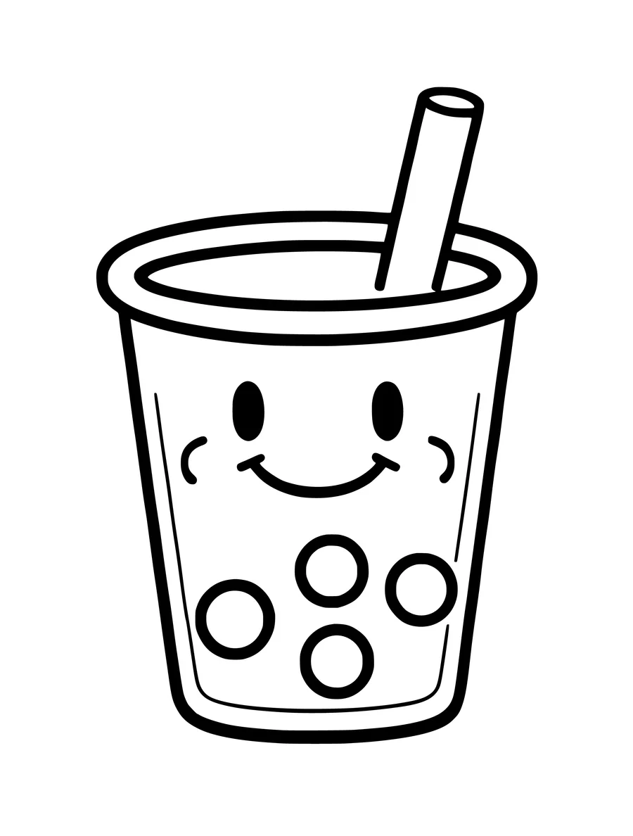 Black and white line art coloring page of happy boba tea cup with a straw and pearls, simple detail