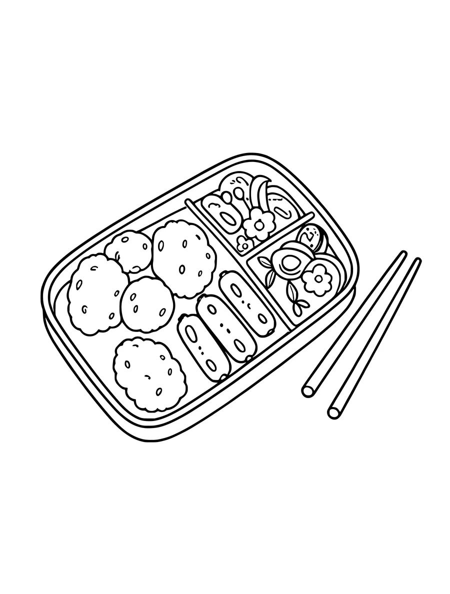 A kawaii bento box containing rice balls and sausages, accompanied by a pair of wooden chopsticks, colouring page