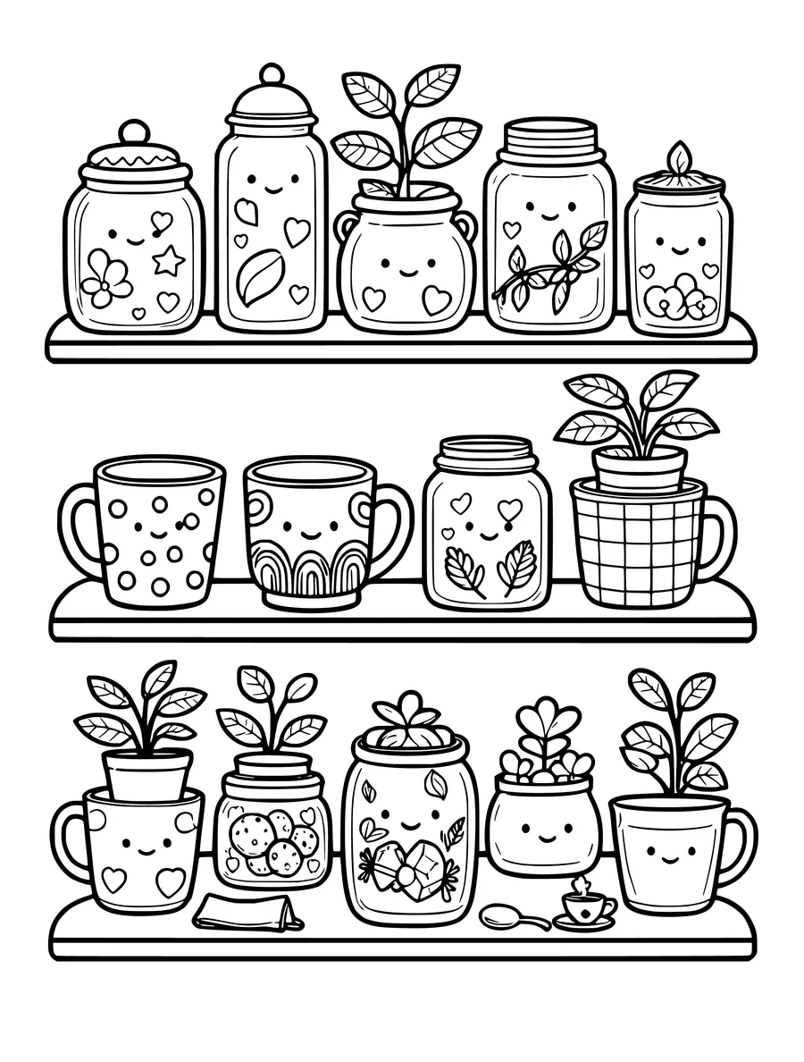 Three shelves holding an assortment of smiling jars, decorated mugs, and small potted plants, coloring page
