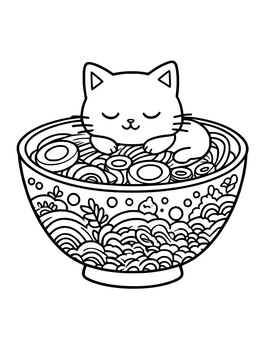 Black and white line art coloring page of kawaii cat curled up inside a ramen bowl, medium detail