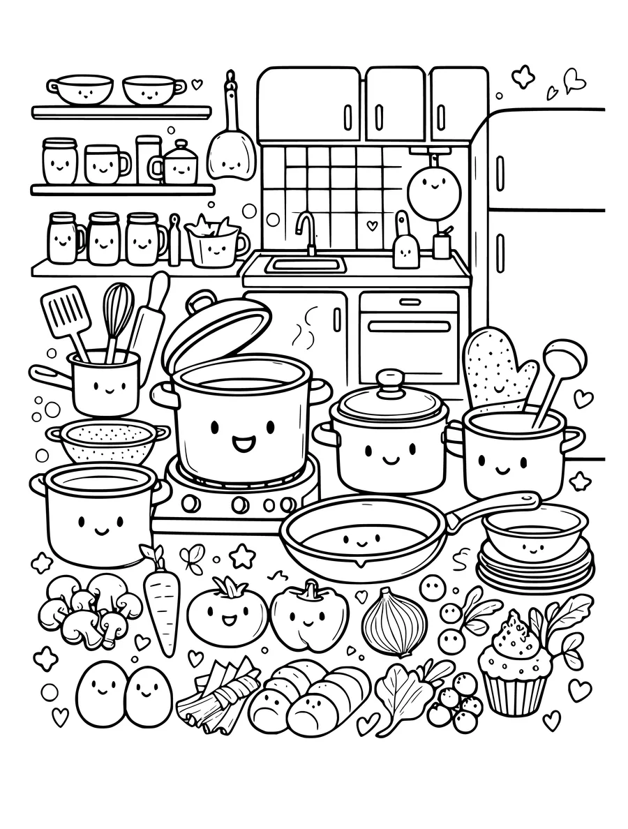 A coloring page of a busy kitchen filled with smiling pots, pans, and fresh ingredients.