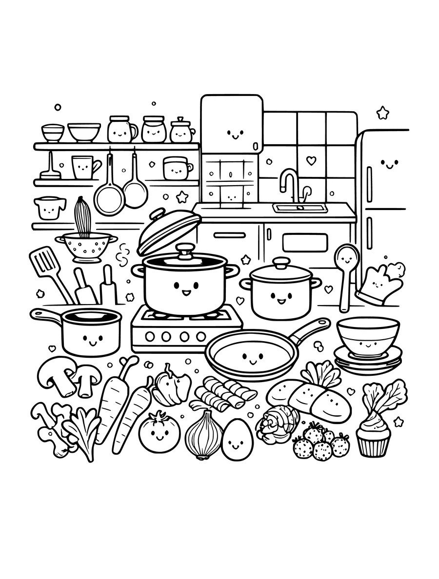 Black and white line art coloring page of kawaii kitchen with smiling pots, pans and ingredients, detailed detail