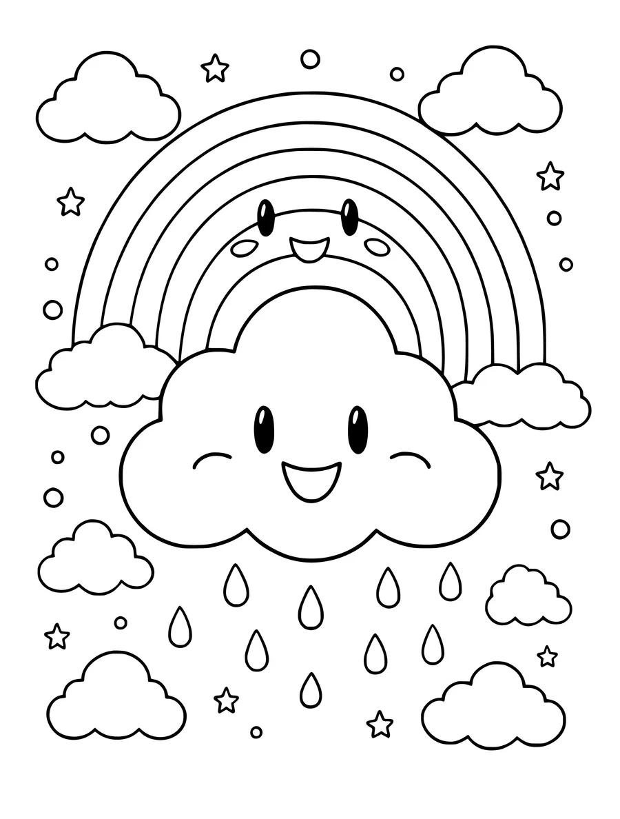 Black and white line art colouring page of smiling cloud and a rainbow with blushing cheeks, medium detail