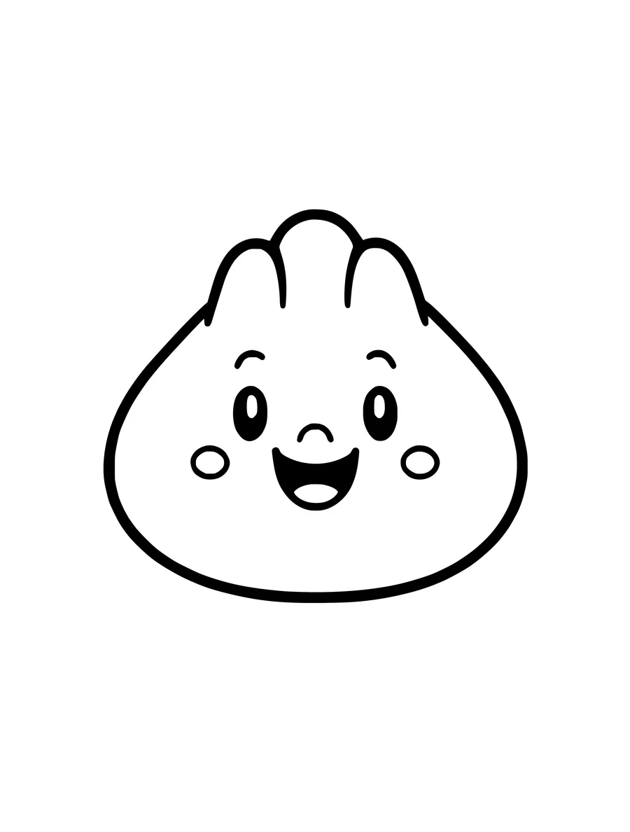 Black and white line art coloring page of smiling dumpling with blushing cheeks, simple detail