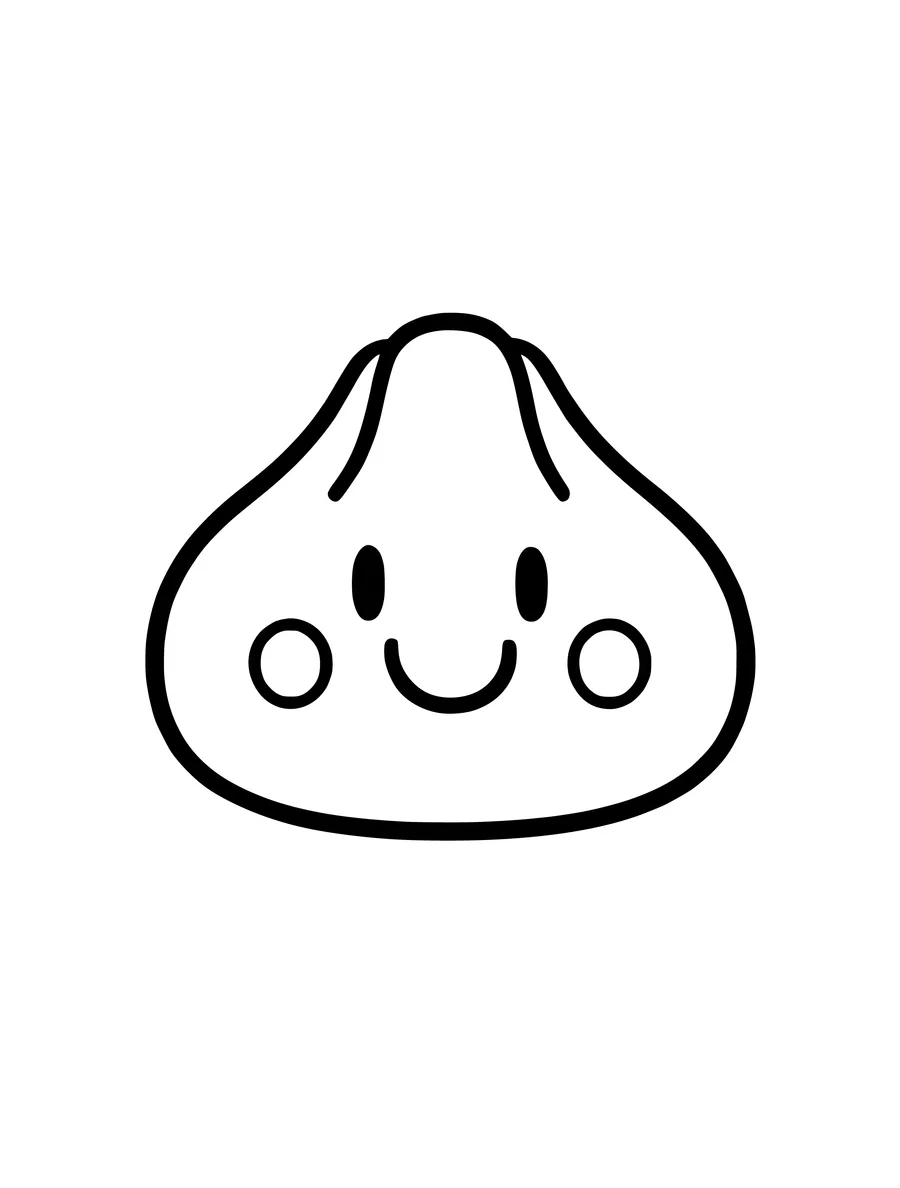 Black and white line art colouring page of smiling dumpling with blushing cheeks, simple detail