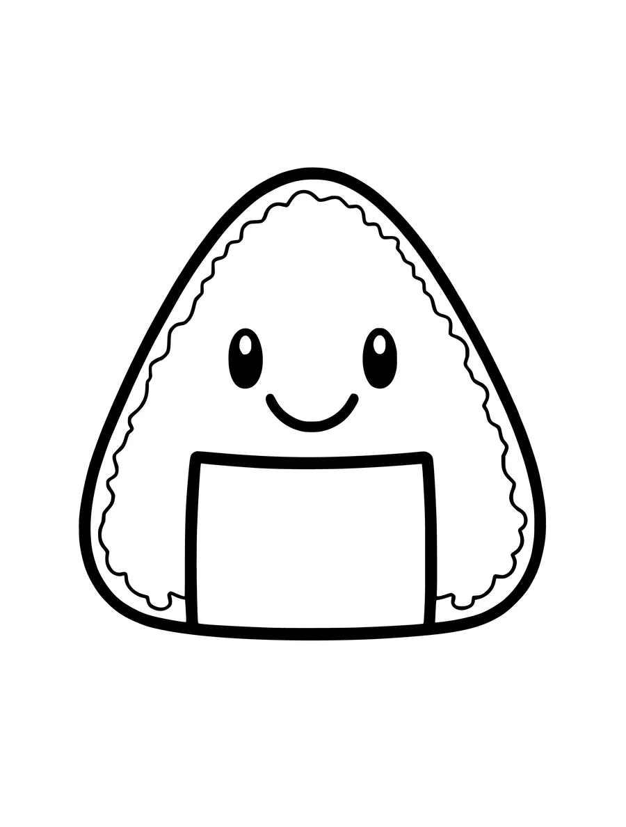 Black and white line art colouring page of smiling onigiri rice ball with a seaweed strip, simple detail