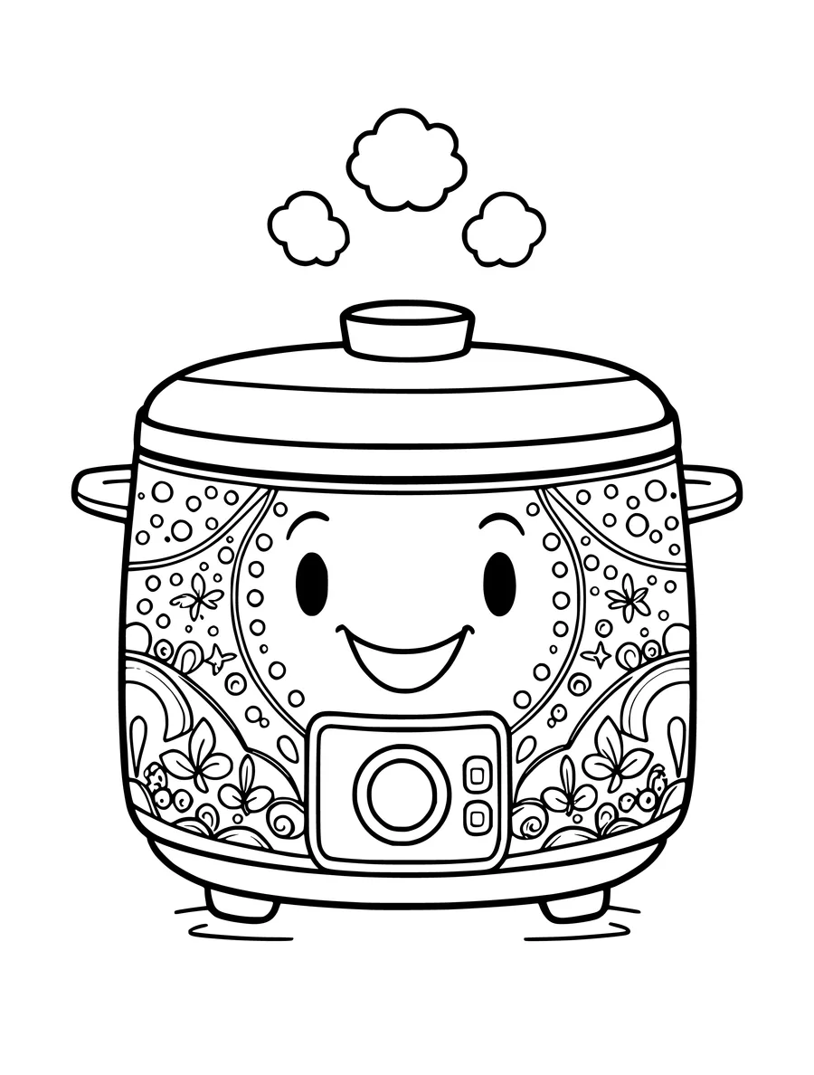 Line art of a smiling rice cooker with steam puffs rising from the top lid, colouring page
