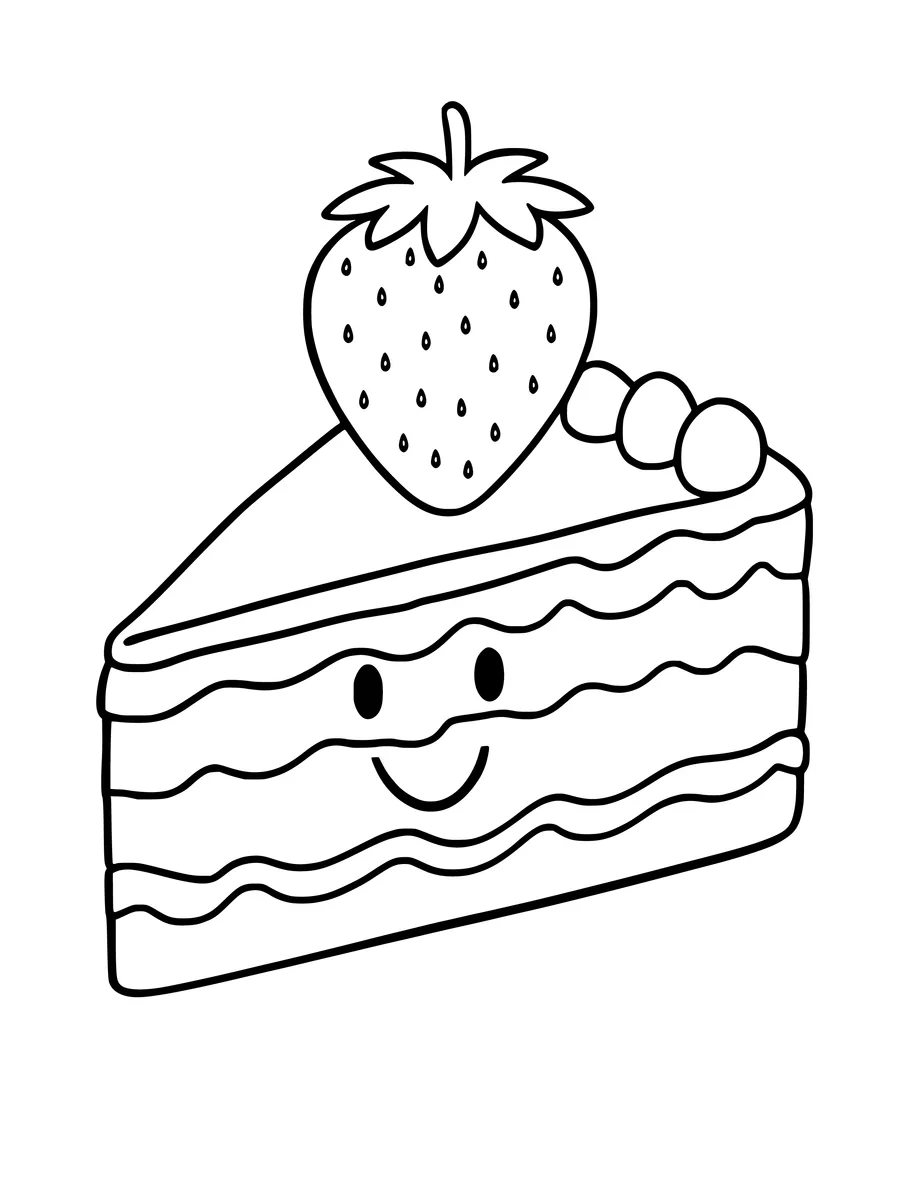 A coloring page showing a smiling slice of cake topped with a large strawberry.